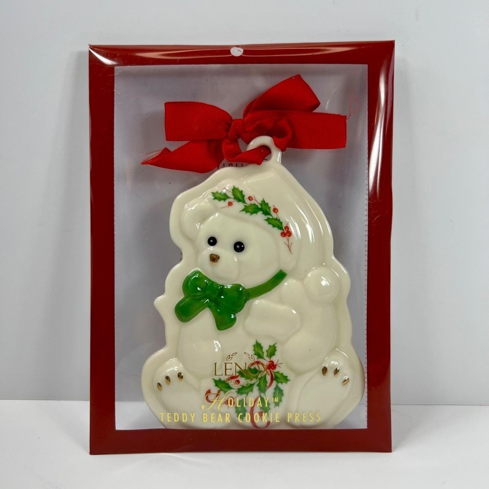 Lenox Holiday Teddy Bear Cookie Press Christmas Ornament Porcelain Holly Ribbon
